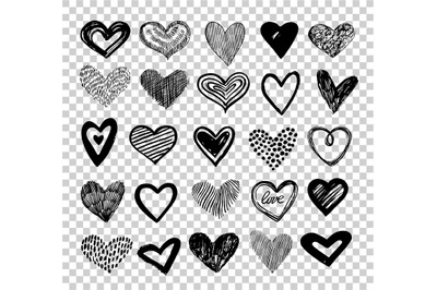 Doodle hearts. Hand drawn love heart icons. Scribble sketch valentine