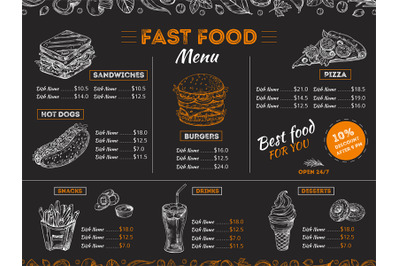 Fast food menu. Sketch sandwich burger, pizza snacks vintage design on