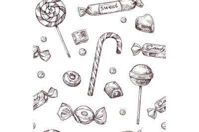 Seamless candy background. Sketch chocolate candy, lollipop and marmal