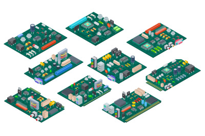 Circuit board isometric. Electronic computer components motherboard. S