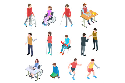 Disabled people isometric. Persons with injury in wheelchair&2C; with pro