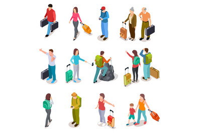 Travel people isometric set. Men, women and kids with luggage. Tourist