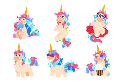 Cartoon unicorns. Cute magic unicorn set. Fantasy baby horse adorable