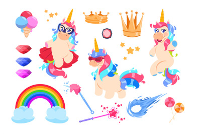 Cute unicorns set. Cartoon rainbow, magic wand and diamonds. Gold crow