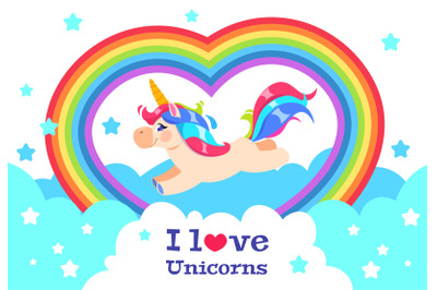 Cute rainbow unicorn. Cartoon funny baby rainbow pony. Girl inscriptio