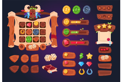 Cartoon game ui. Wooden buttons, sliders and icons. Interface for 2d g