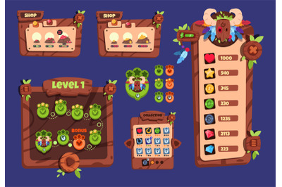 Cartoon game ui. Wooden elements and popup menu, buttons and icons. 2d