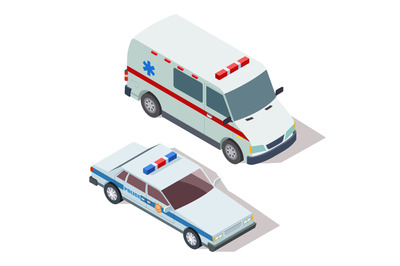 Ambulance and police cars 3d isometric vector