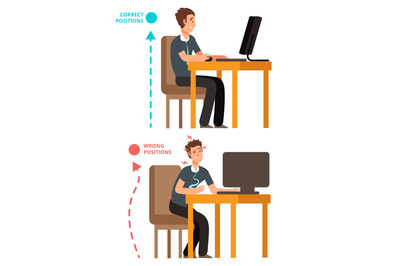 Body incorrect and correct, person sit correct or incorrect vector ill