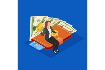 Businesswoman sitting on purse with money and credit card. Saving mone