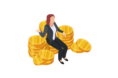 Businesswoman sitting on the golden coins isometric vector. Dollar que