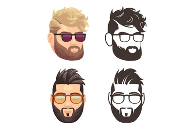 Cartoon and silhouette bearded hipster man set