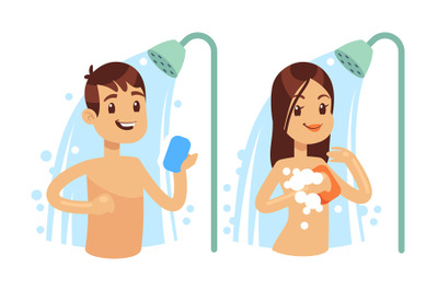 Cartoon character man and woman shower vector illustration