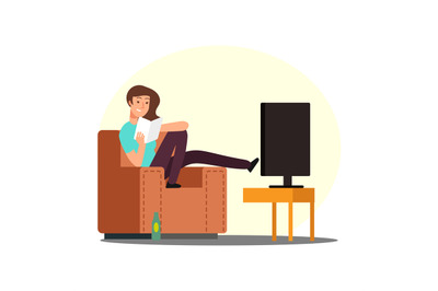 Cartoon woman rest on chair with book, tv and beer bottle vector illus