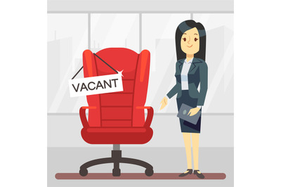 Cute cartoon character HR manager and empty boss chair. Employment, va