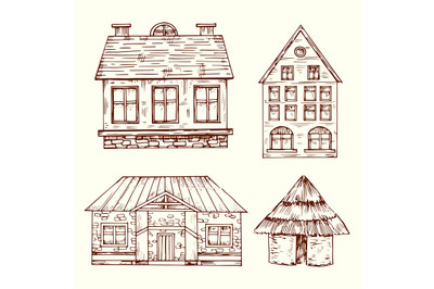 Different style hand drawn houses vector set