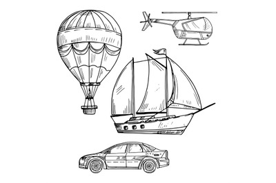 Doodle style drawing land, air and sea transport vector set