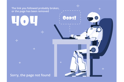 Error 404. Not found web site page with robot and warning message. Vec