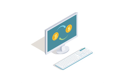 Exchange dollars for bitcoins online vector concept. Isometric finance