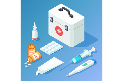 First aid kit medicament and tools isometric vector