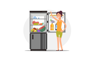 Fitness cartoon girl at fridge with healthy food