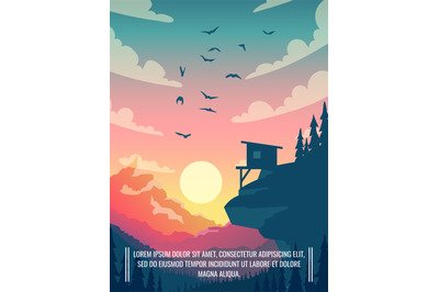 Flat vector mountain landscape with sun and clouds in sky with birds