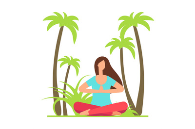 Girl meditation yoga on nature. Palm tree and character fitness woman