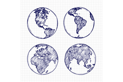 Globe sketch. Hand drawn earth planet with continents vector illustrat