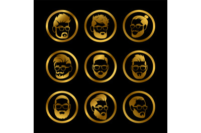 Golden icons male heads. Hipster style haircute icons