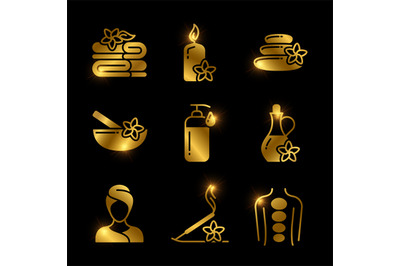 Golden SPA, massage, relaxing vector icons of set