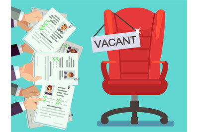 Hands holds CV forms and office chair with vacancy plate