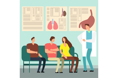 Healthcare vector concept - patients and doctor in hospital waiting ro