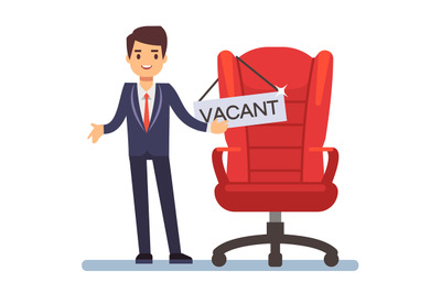 Hiring vector concept. Flat character businessman and boss chair with