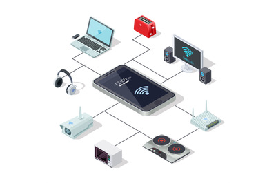 Home appliances management via smartphone - smart home isometric conce