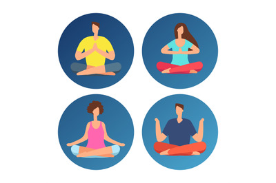 Icons with meditation people in lotus position