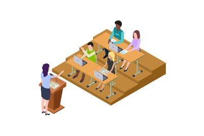 International students on lecture, seminar isometric vector illustrati