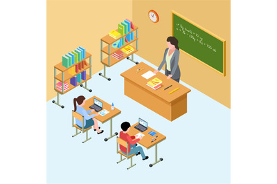 Isometric classroom with teacher and kids. High school vector illustra