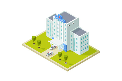 Isometric hospital building and ambulance cars vector illustration