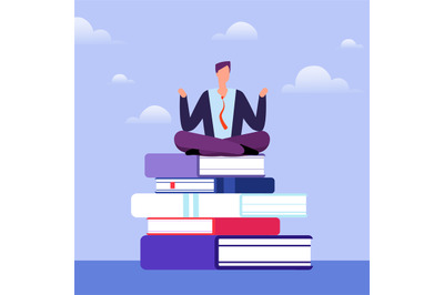 Literate man sits on pile of books. Self education vector concept