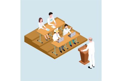 Medical school students and proffessor isometric vector illustration