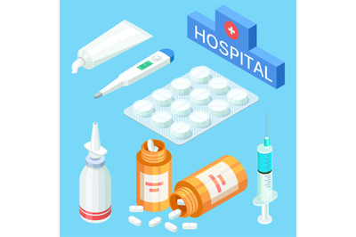 Medical tools and drugs&2C; vitamins. Vector isometric medicine