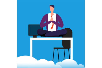 Meditation time on work. Man is meditating over the desk vector illust