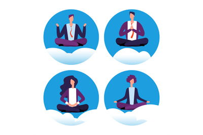 Meditation yoga businesspeople vector icons. Office workers avoid stre