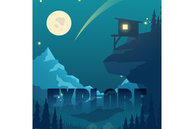 Night flat vector mountain landscape with moon, stars and mountain hom