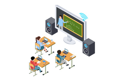 Online education vector concept. International students and teacher on