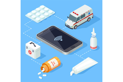 Online medical app for first aid isometric vector