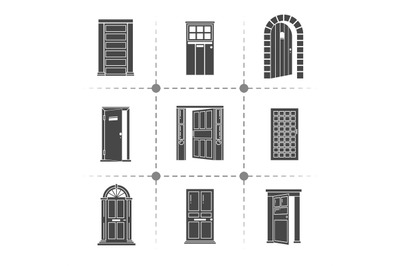 Open and closed door silhouettes vector icons set