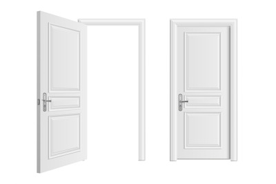 Open and closed white entrance realistic door isolated on white backgr