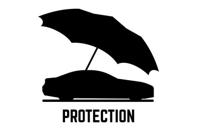 Protection or insurance vector . Car and umbrella silhouettes isolated