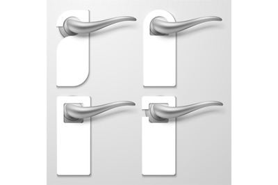 Realistic hotel door handles with white blank plastic hangers vector i